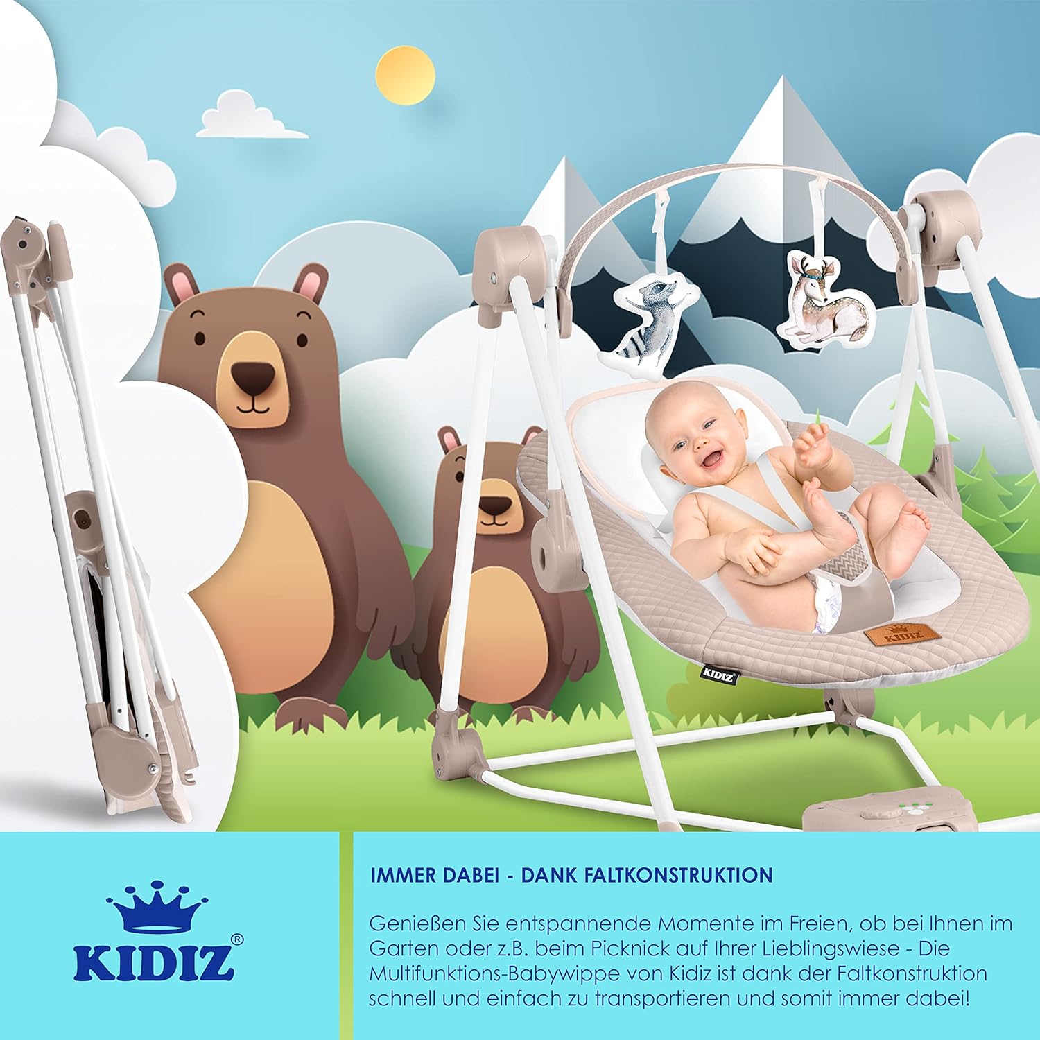 Detalle 2 de KIDIZ® Babywippe Babyschaukel mit 5 Geschwindigkeiten – klappbar, inkl. Spielbogen und 5 Naturgeräuschen