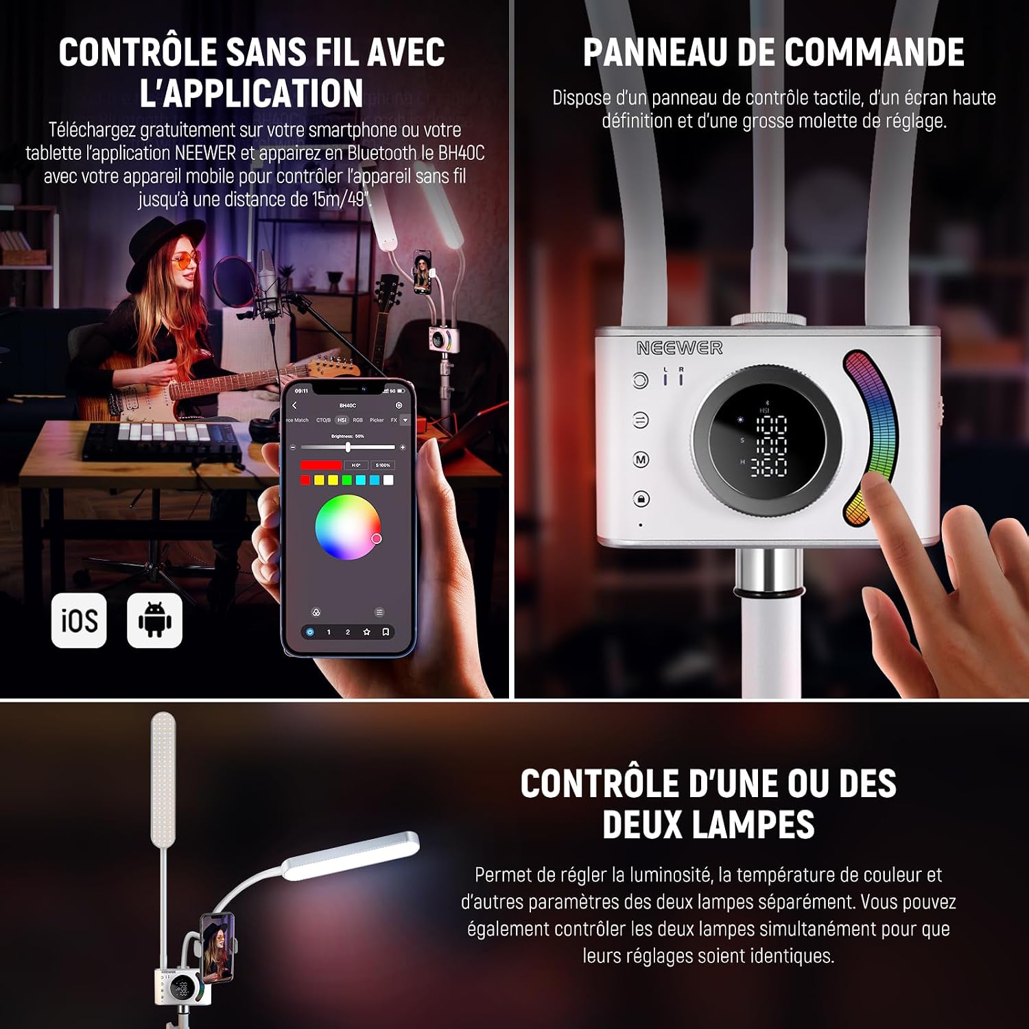 Detalle de NEEWER BH40C kit baton lumineux RGB pour esthéticienne, contrôle app/Barre tactile
