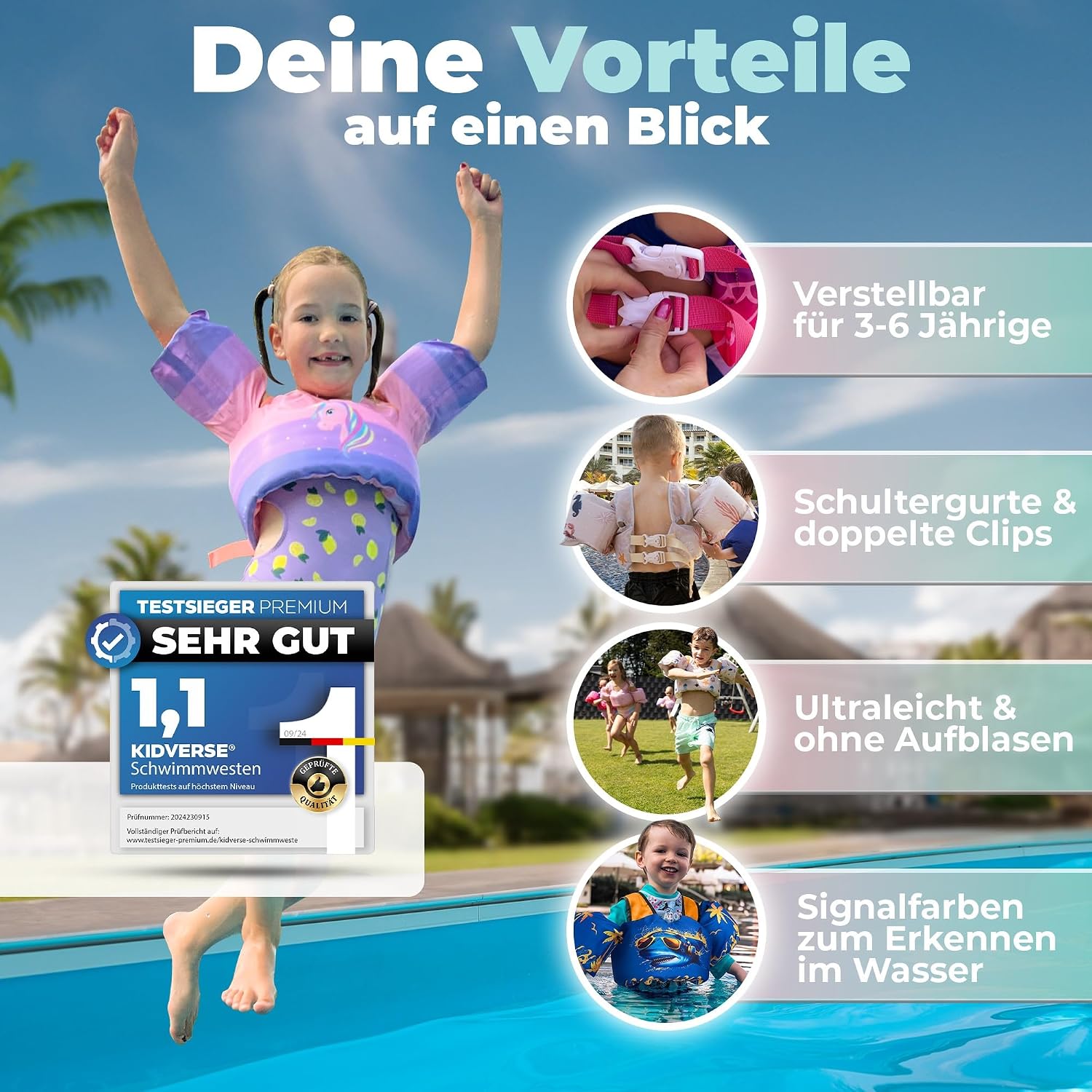 Detalle de KIDVERSE Schwimmweste Kinder 3-6 Jahre – Geprüfte Sicherheit mit integrierten Schwimmflügeln