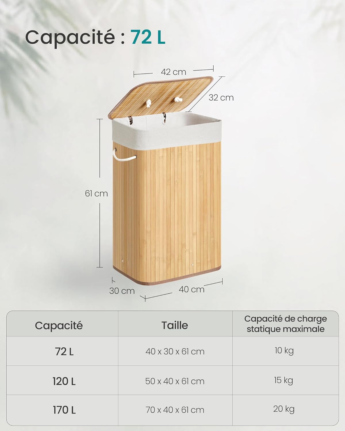 Thumbnail 6 de SONGMICS LCB10Y – Panier à linge en bambou avec couvercle 72 L, pliable et sac amovible lavable