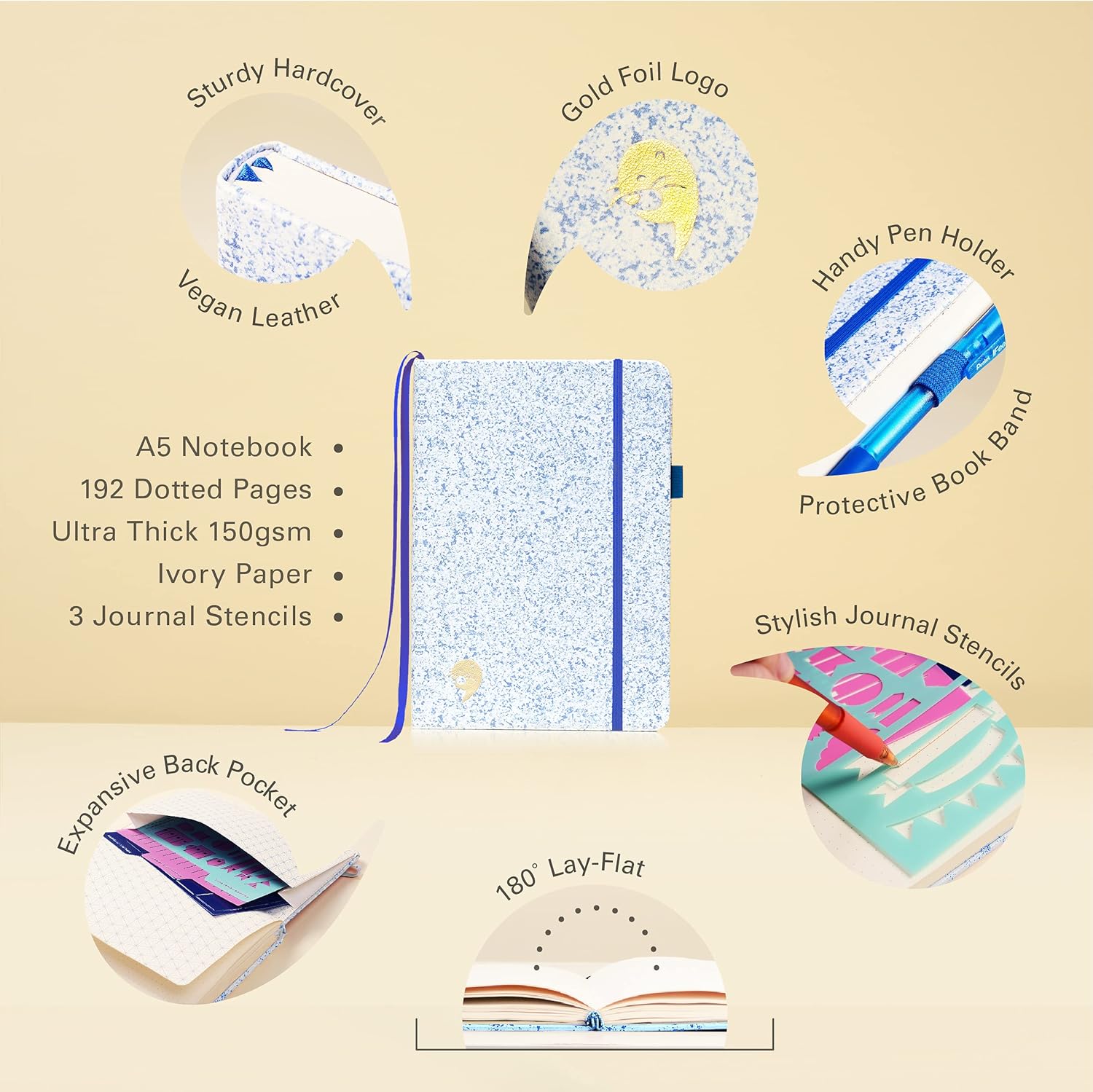 Thumbnail 1 de Ottergami The Classic Bullet Dotted Journal (Blue Speckled) A5 Hardback dotted notebook with stencils kit