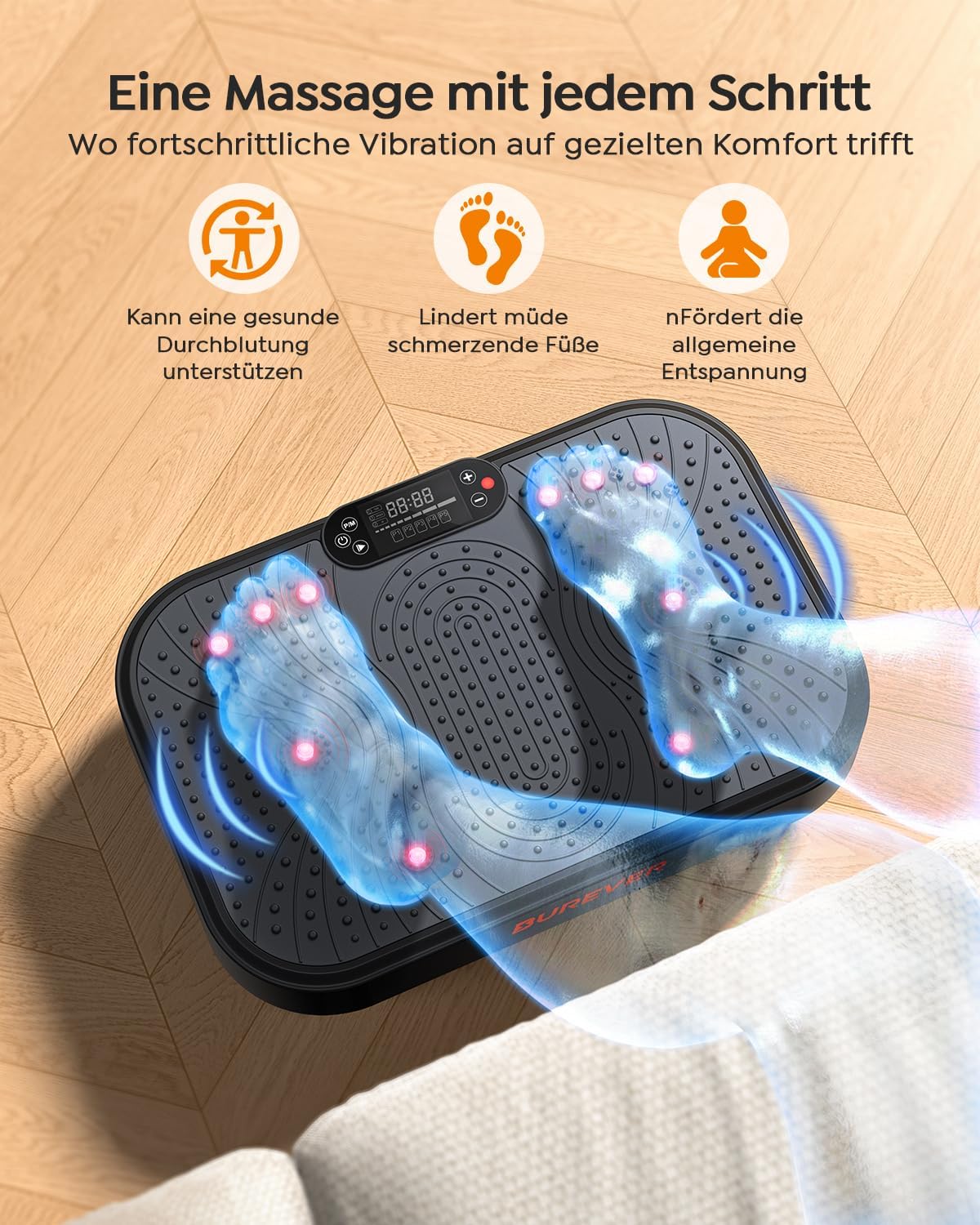 Detalle de Burever Vibration Plate 150W – Vibrationsplatte mit 99 Intensitätsstufen, 5 Programmen, Fernbedienung & Zugseilen