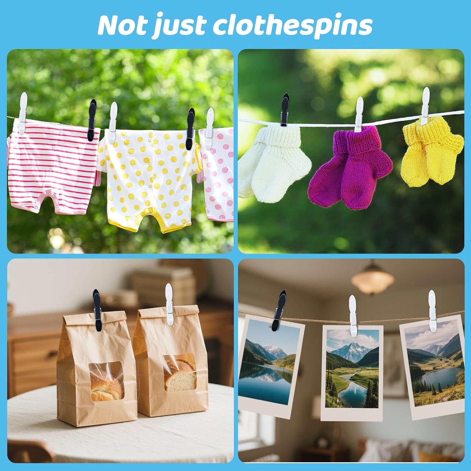 Detalle de KEYBOO 48 Pcs Clothes Pegs with Bag for Washing Line – Strong Plastic Pegs in Black & White with Mesh Basket
