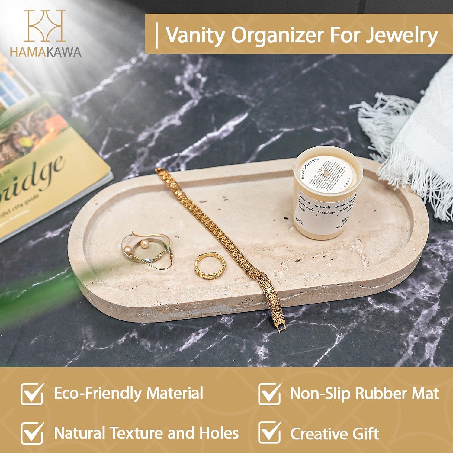 Detalle 2 de HAMAKAWA bathroom vanity tray, travertine