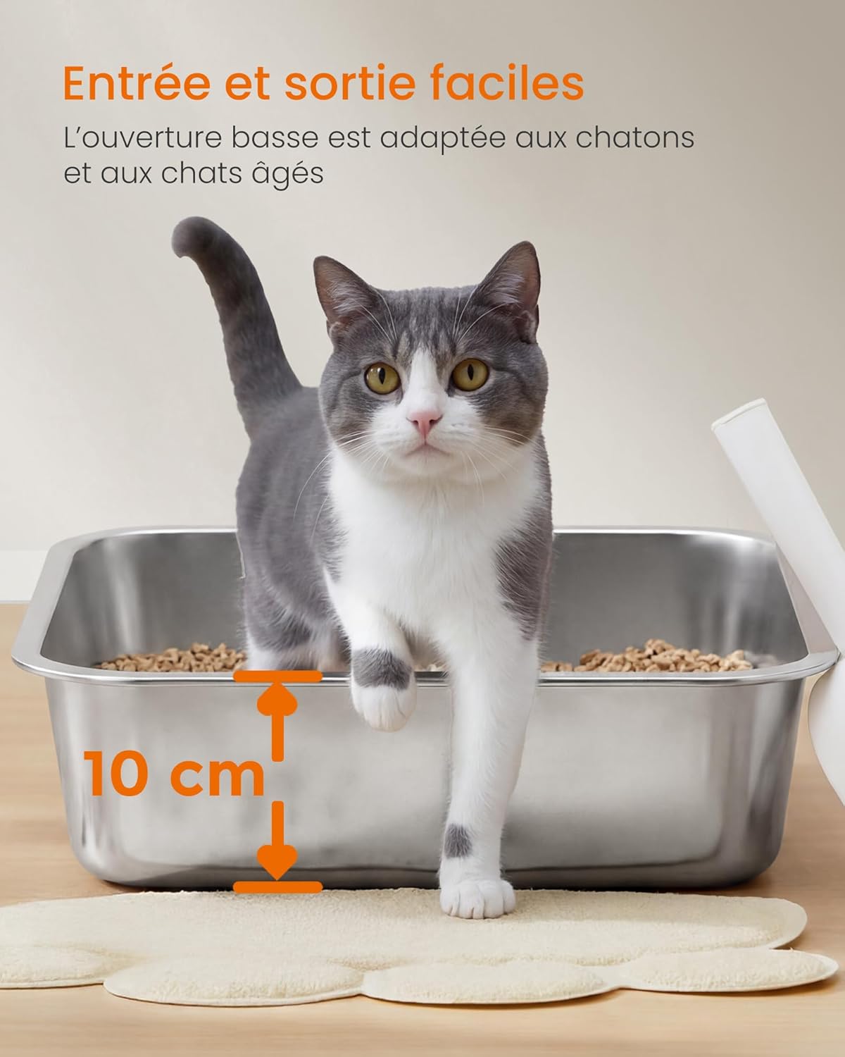 Detalle 2 de Feandrea Bac à Litière en Acier Inoxydable pour Chat – 40 x 30 x 10 cm, ouvert avec pelle