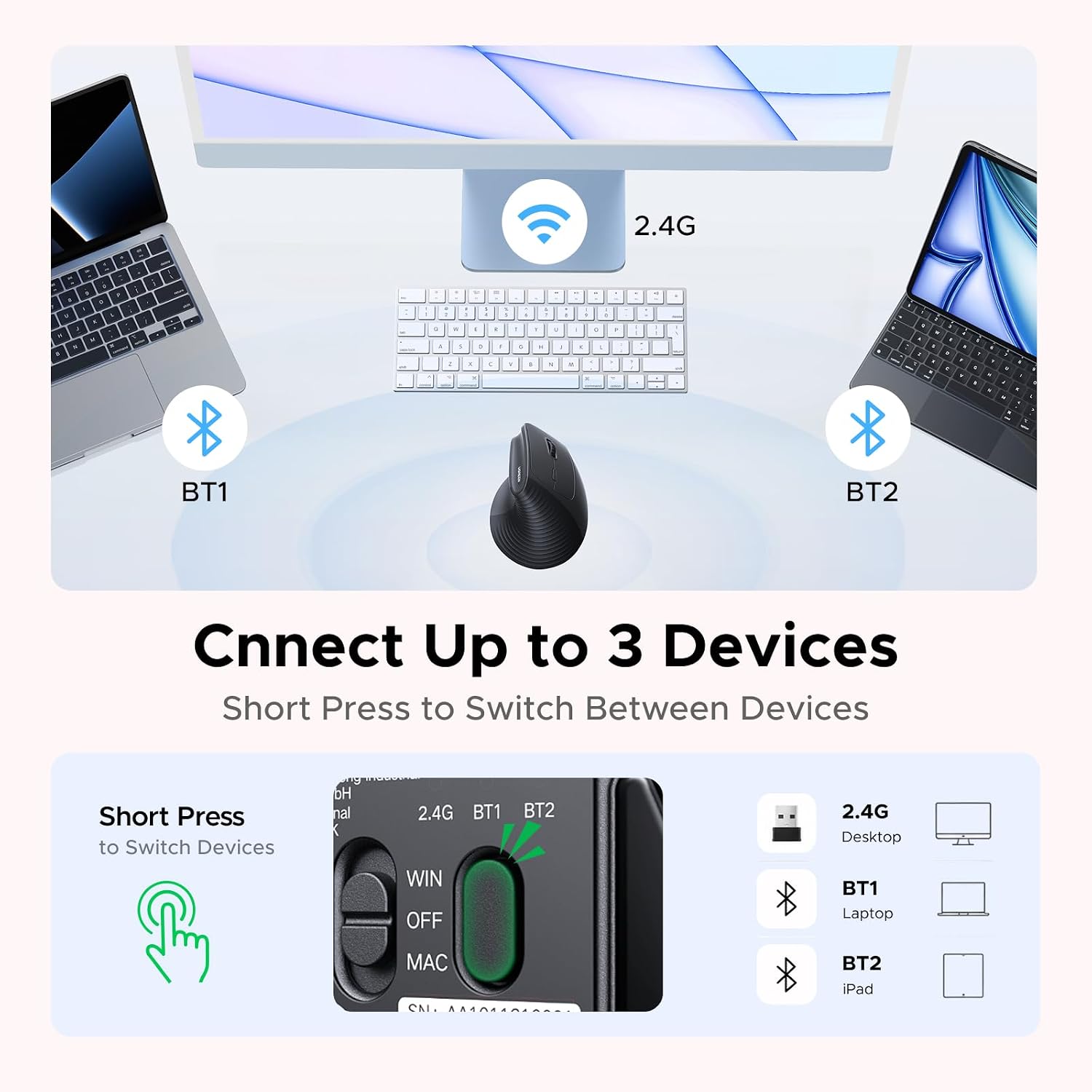 Detalle 2 de UGREEN verticale muis met 2.4G en Bluetooth, vier DPI-niveaus en 57°-hoek
