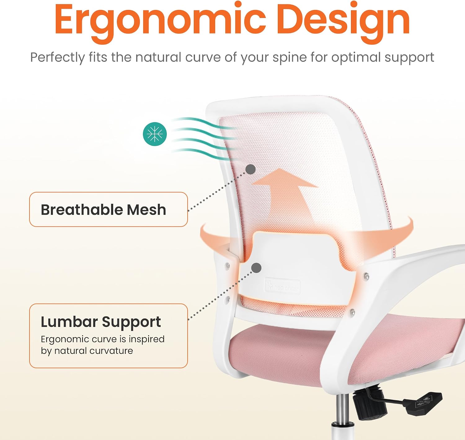 Detalle de NEO CHAIR Desk Chair, Pastel Pink Mesh Back, Adjustable Height, 360° Swivel
