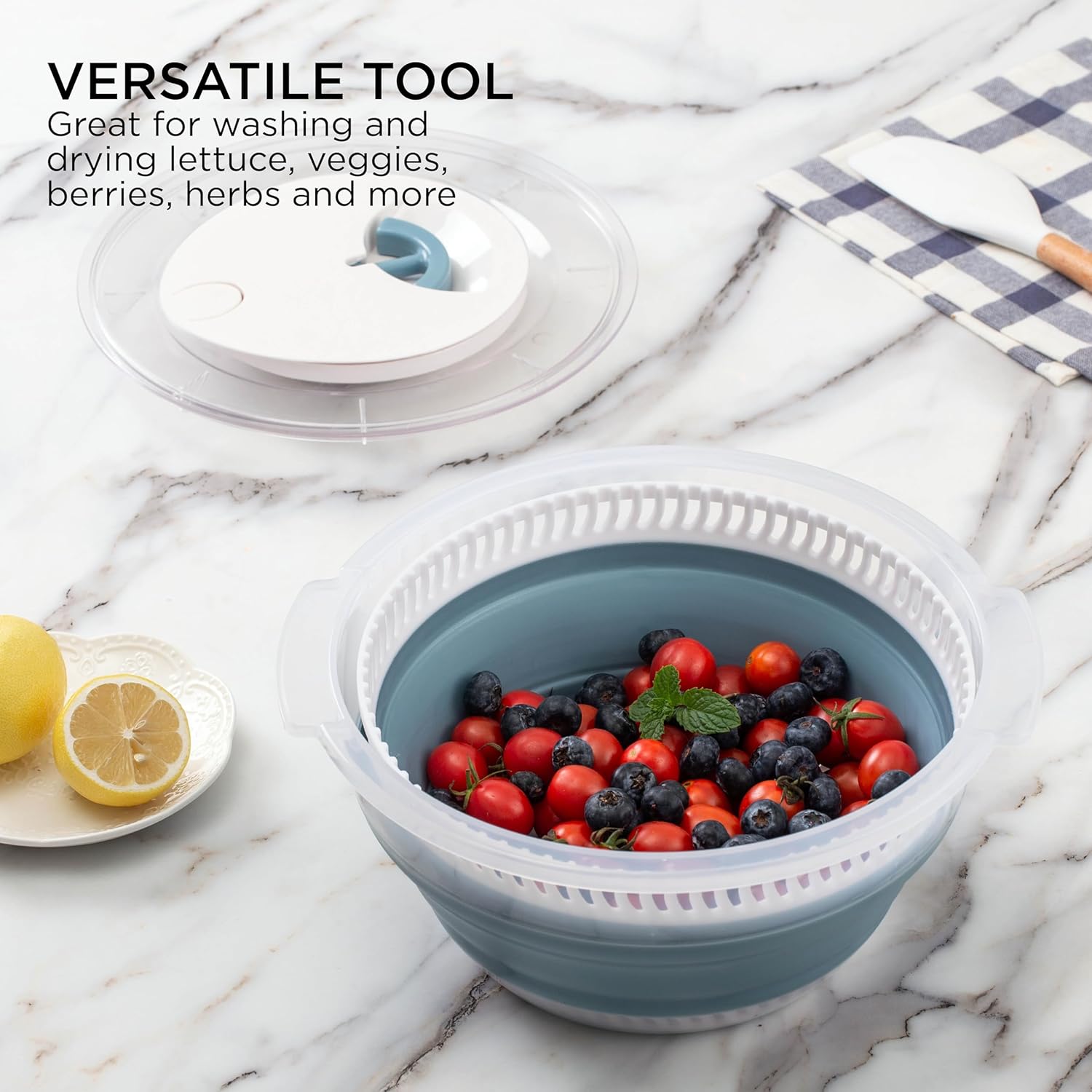 Detalle de COOK WITH COLOR Collapsible Salad Spinner – 4 Qt Space-Saving Lettuce Dryer with Folding Colander (Blue)