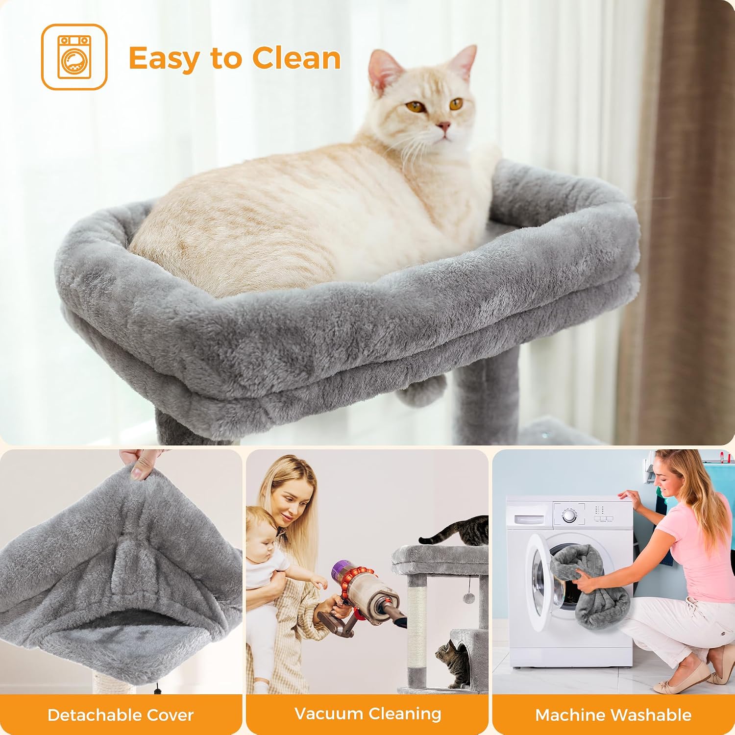 Detalle 2 de PAWZ Road Kratzbaum für große Katzen (143 cm) – stabiler Katzenturm mit Hängematte, Katzenhaus und 6 Ebenen, grau