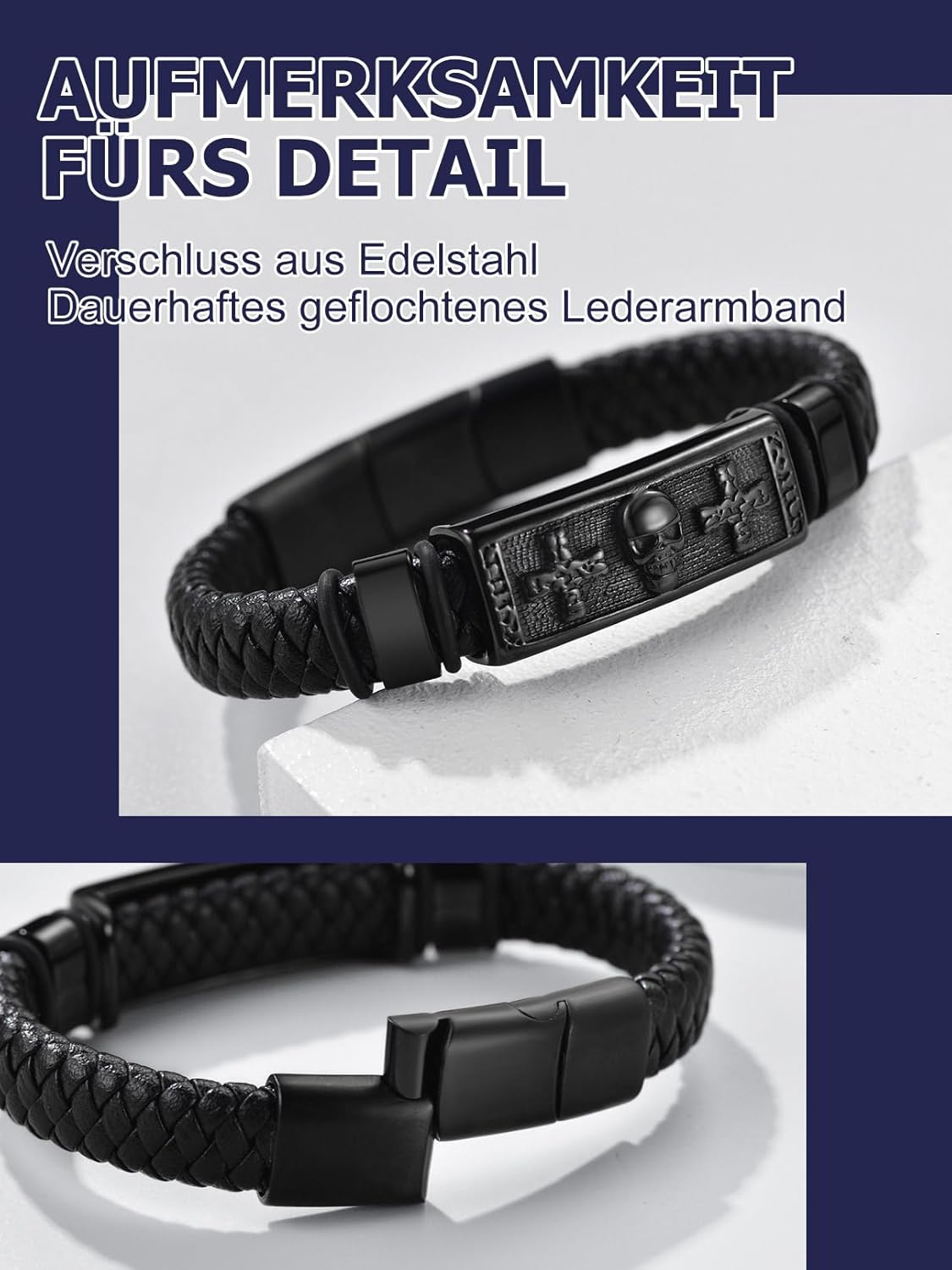 Thumbnail 3 de Bandmax Lederarmband für Herren „Mjölnir/Totenkopf/Freimaurerei“ mit Magnetverschluss