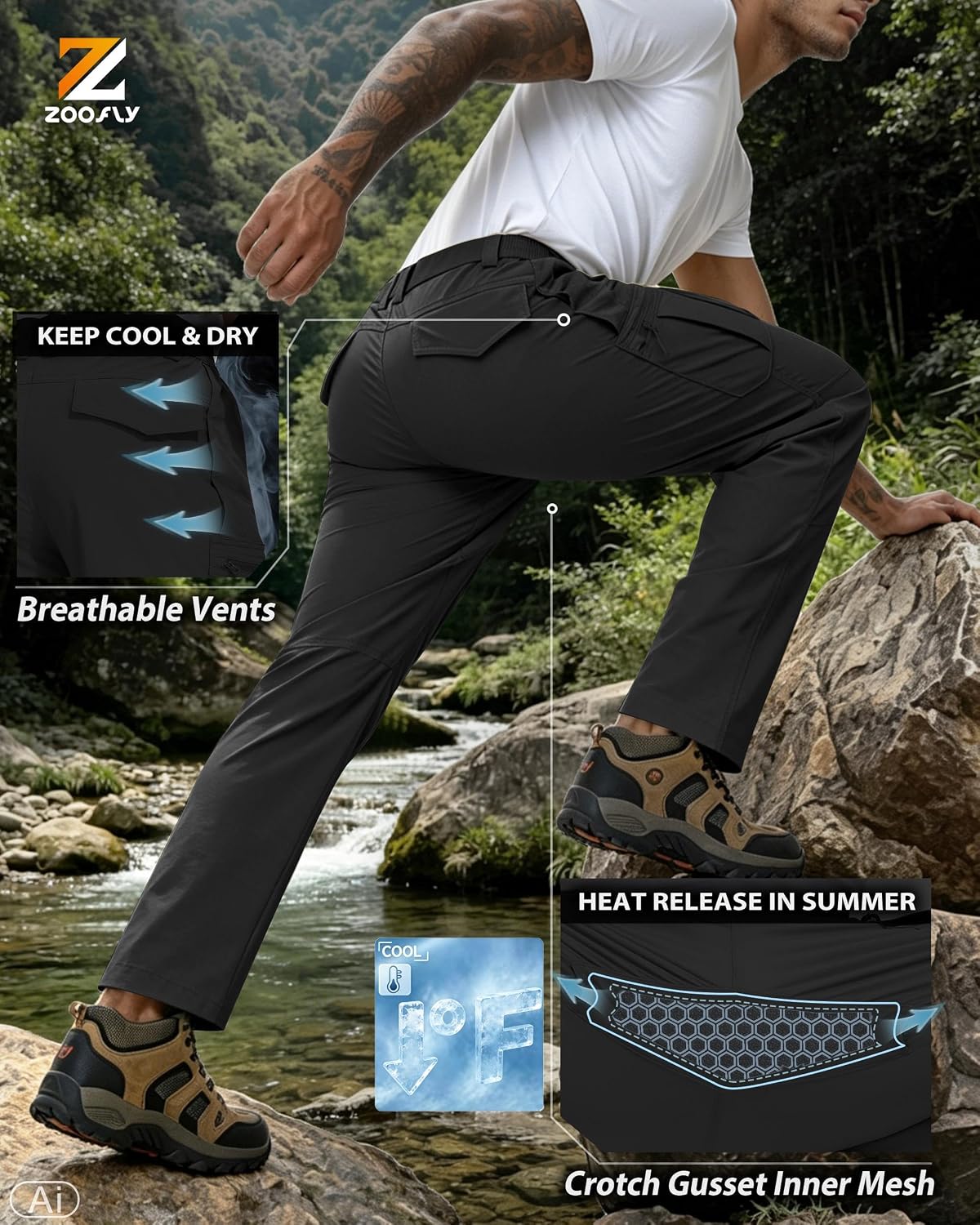 Detalle de Zoofly Men's Hiking Cargo Pants, Stretch Nylon, Waterproof, 6 Pockets