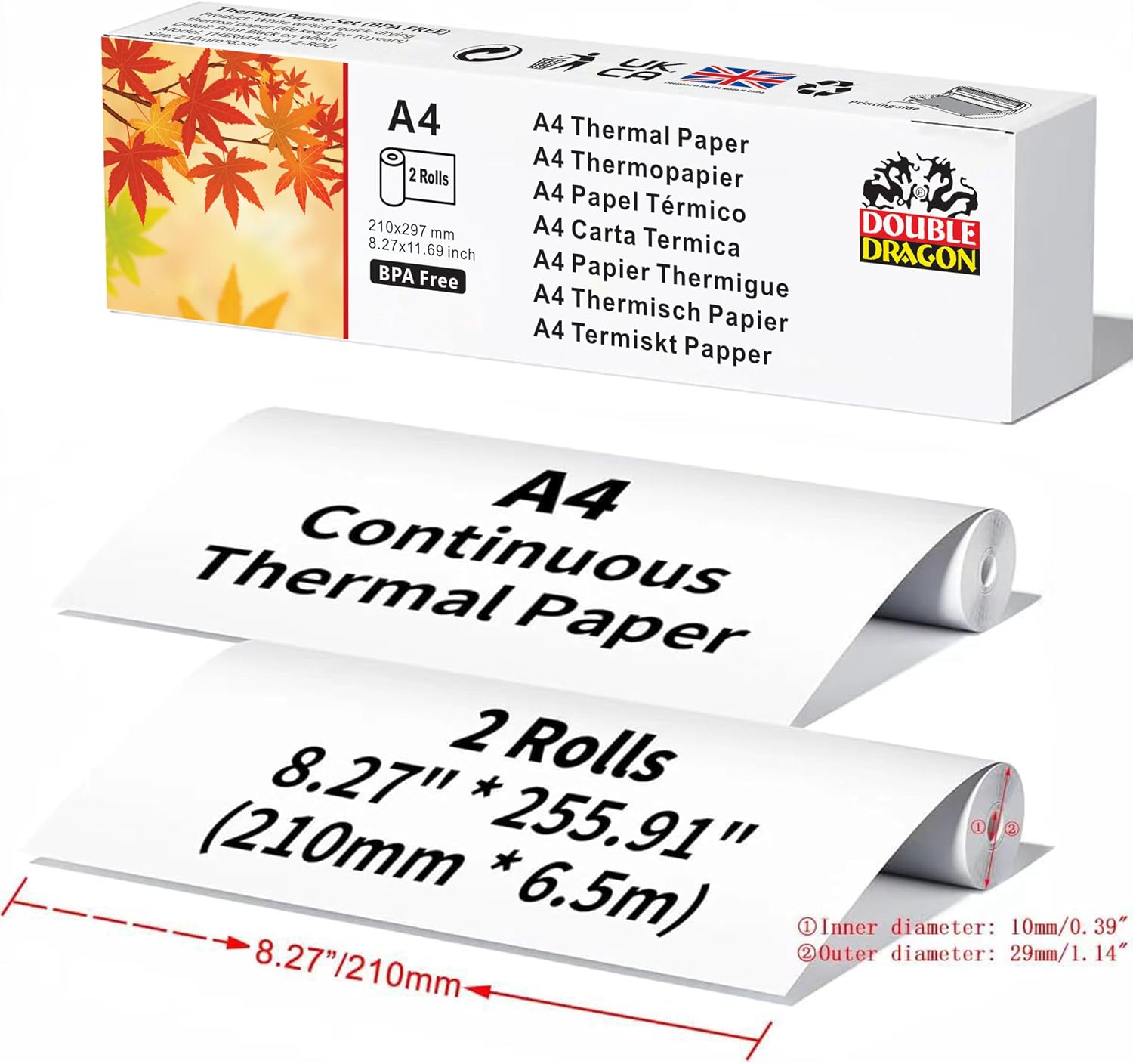 Thumbnail 1 de Double Dragon Thermal Printer Paper – 2 Rolls (210mm x 6.5m): Compatible A4 Roll Media for Widest Range of Thermal Printers