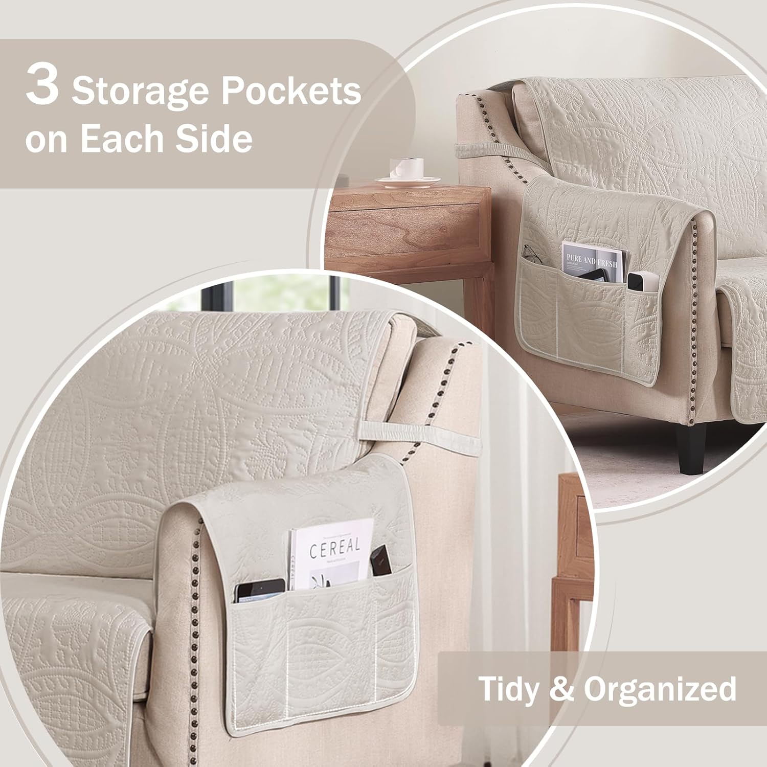 Thumbnail 3 de Pamhaven Beige Quilted Recliner Chair Covers (Water-Repellent, Pet Friendly, Washable) for Recliners up to 22