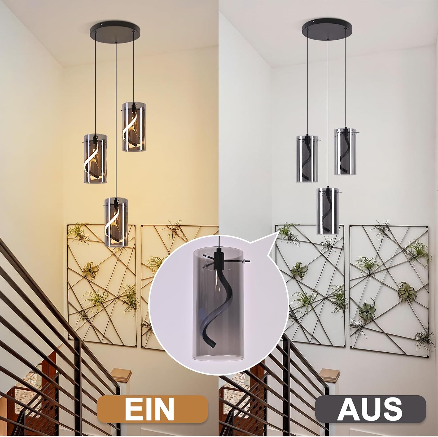Detalle de Laittiin LED Pendelleuchte Esstisch – Vintage-Glas-Hängeleuchte, 3-flammig, 33W, Rauchgrau, höhenverstellbar