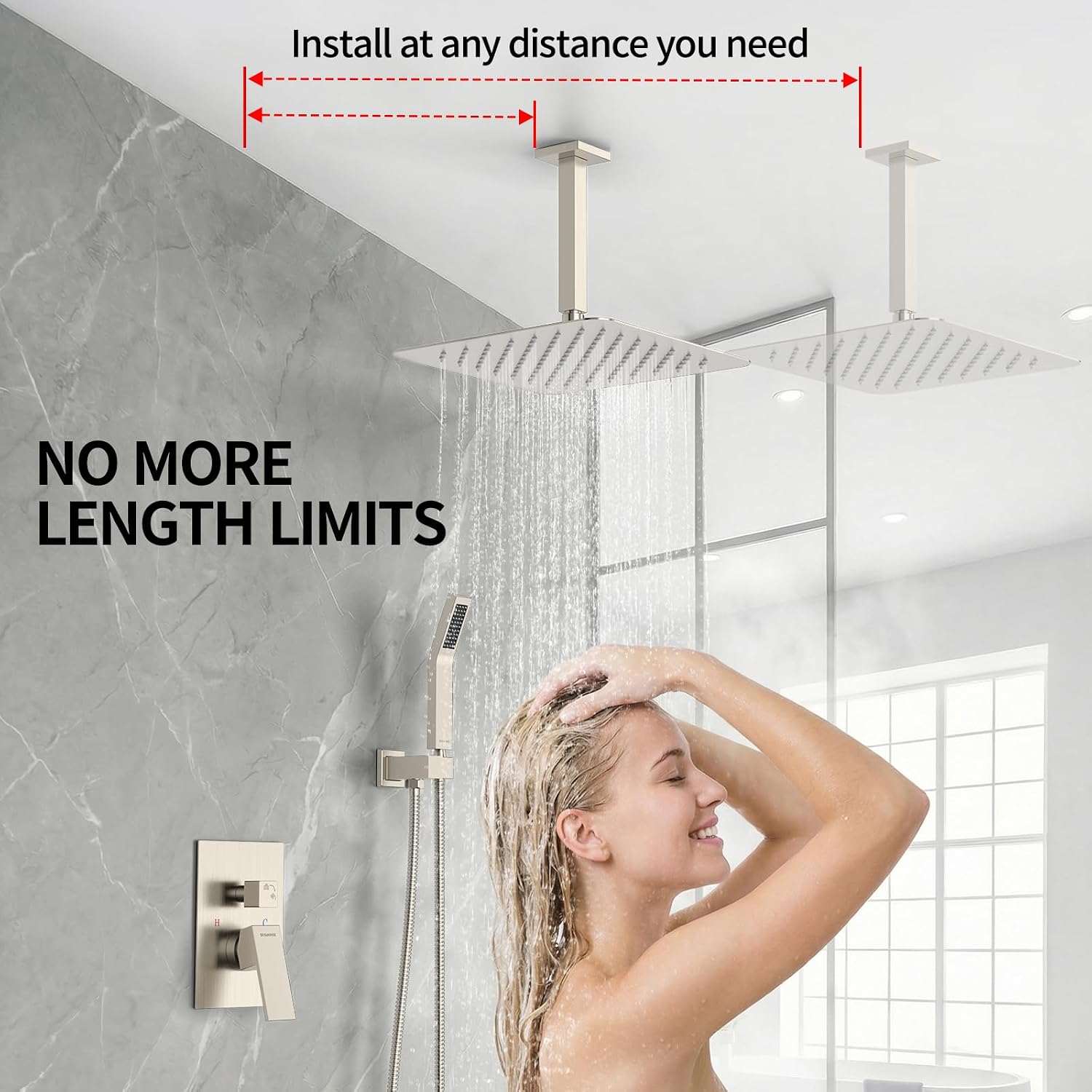 Detalle de SR SUN RISE SRSH-UPC12 Ceiling Shower System, 12-Inch Rain Head, Brushed Nickel