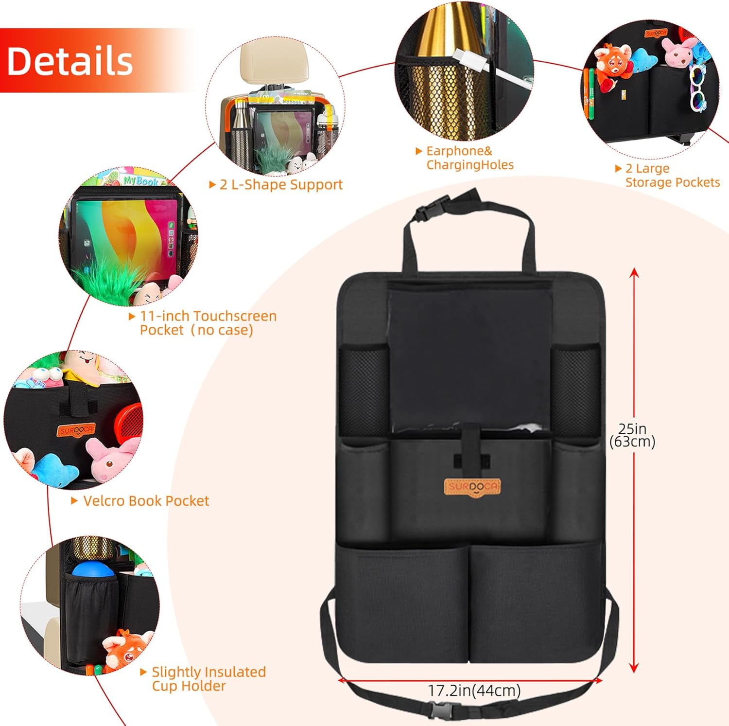 Thumbnail 5 de SURDOCA UPGRADED car seat organiser with tablet holder, 8 pockets and waterproof back protector