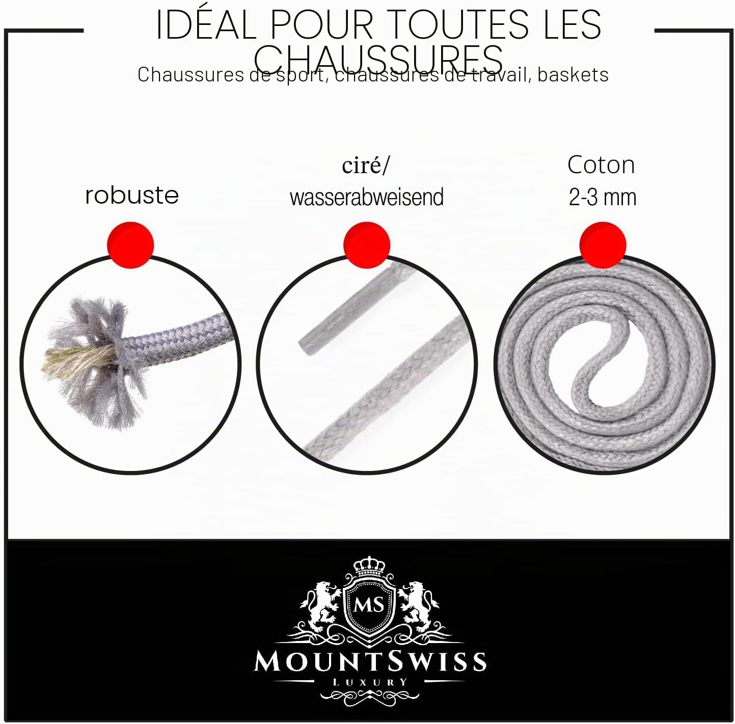 Detalle de Mount Swiss lacets ronds cirés coton – 45 à 120 cm, diamètre 2 ou 3 mm – unisexe, couleurs variées