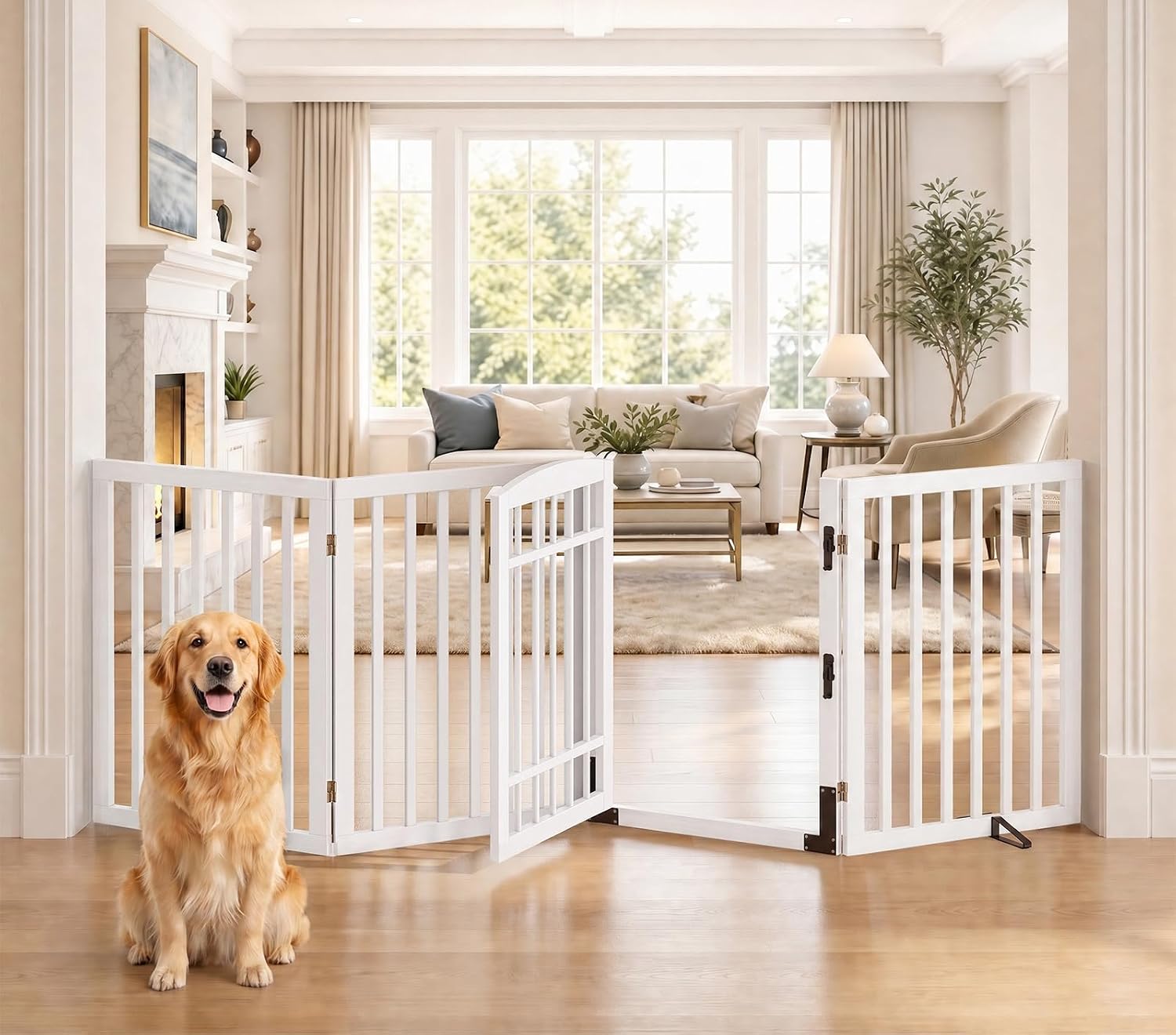 Detalle de Homykic HK-ZWL4P-30IN-WH Bamboo Dog Gate with Door, 30-Inch, White