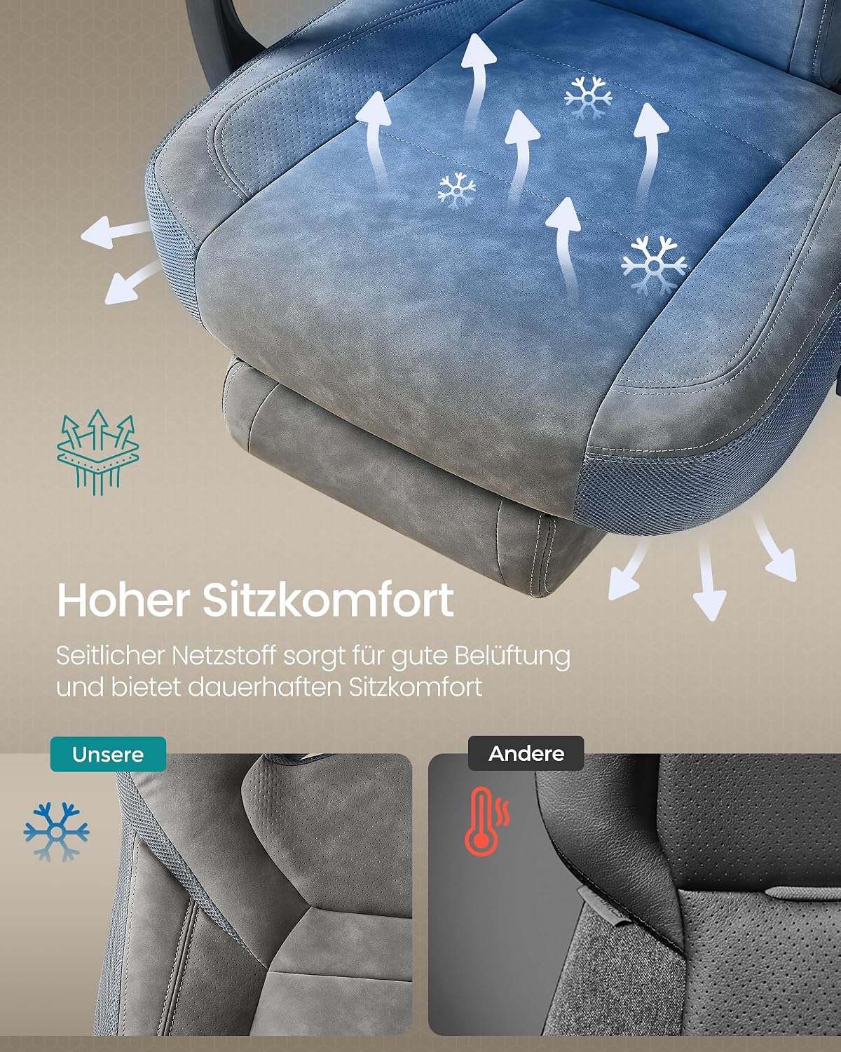 Detalle 2 de SONGMICS Gaming-Stuhl, Bürostuhl, Computerstuhl mit Fußstütze und ergonomischem Design (OBG077G01) – schiefergrau
