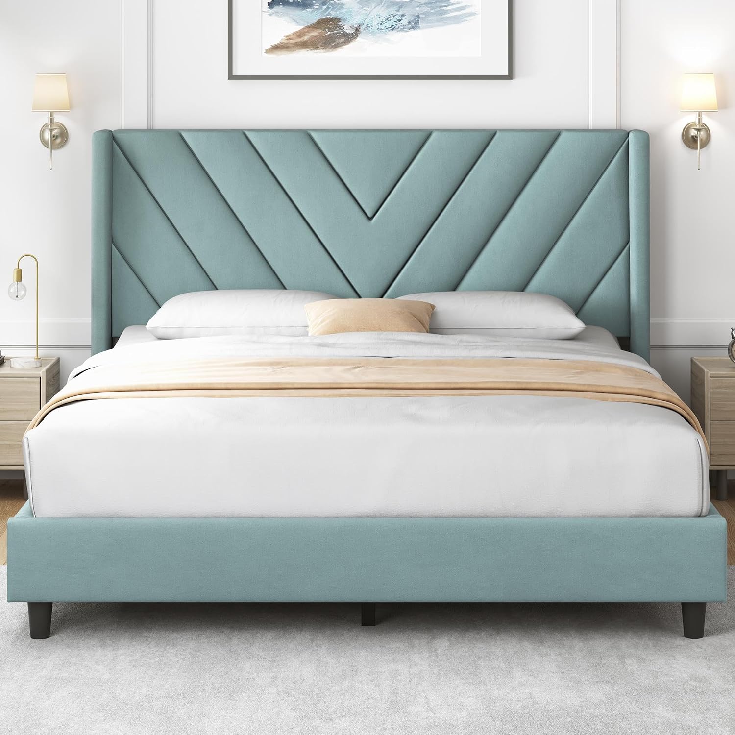 Detalle de Yaheetech YT-00143653 Queen Bed Frame, Blue Lake Velvet Chevron Headboard