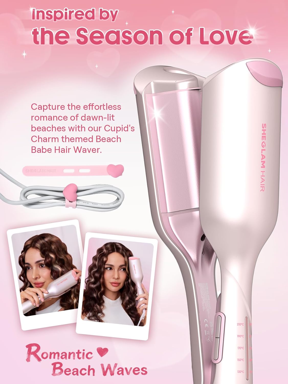 Detalle de Sheglam Cupid’s Charm Beach Babe Welleneisen (2 Barrel, 25 mm) mit Smart-Timer, 130–210 °C & Dual Voltage