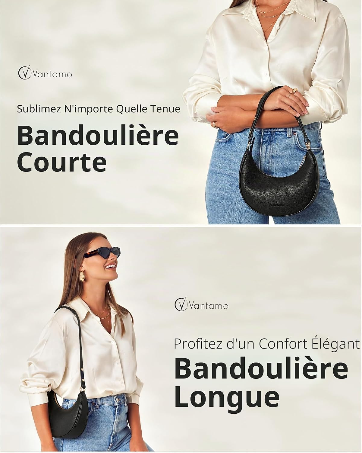 Detalle de Vantamo Sac demi-lune pour femme en similicuir avec protection RFID et bandoulière réglable