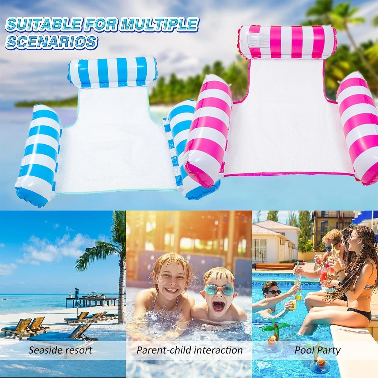 Detalle de Inflatable Pool Float Adults 2 Pack 4-in-1 Water Hammock – Pink & Green