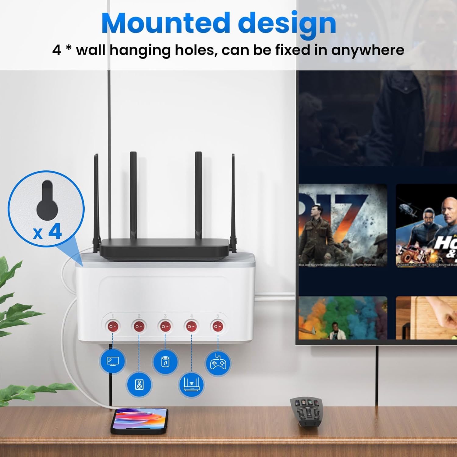 Thumbnail 3 de Ciabatta multipresa USB con scatola porta cavi e 5 prese Schuko (interruttori indipendenti) – Bianco, cavo 1,5 m