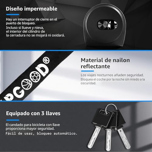 Thumbnail 4 de SPGOOD Candado para bicicleta con cadena de 90 cm, 6 mm y 3 llaves: seguridad con cubierta impermeable