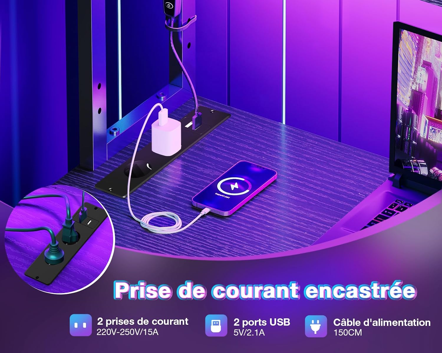 Detalle 2 de Coleshome Bureau Gaming Angle 135Ă—100 cm avec LED et prises đź–Ą