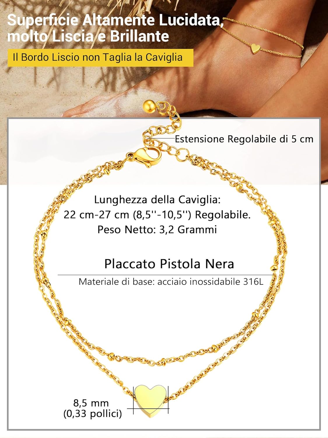 Thumbnail 4 de PROSTEEL Cavigliera con catena regolabile e cuore, set impilabile in acciaio antiallergico, stile tricolore