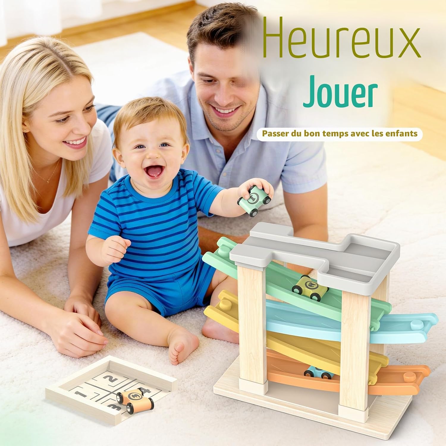 Detalle 2 de Toyzey Jouet Bebe 1 an, Voiture Bebe Jouet en Bois avec 4 Mini Jeux – Montessori et Piste de Voiture