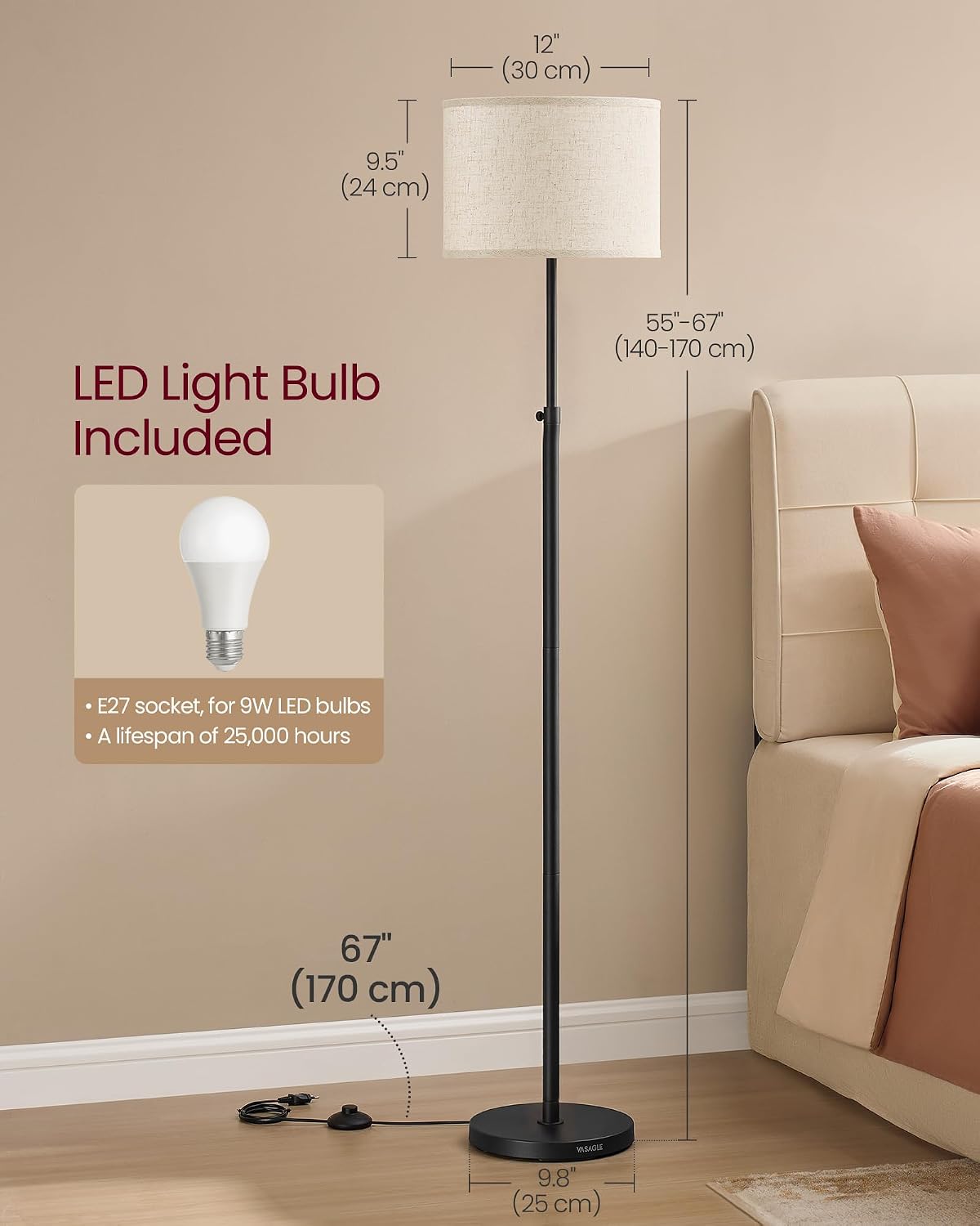 Thumbnail 4 de VASAGLE Floor Lamp for Living Room: Adjustable 140–170 cm with Fabric Shade and E27 Socket