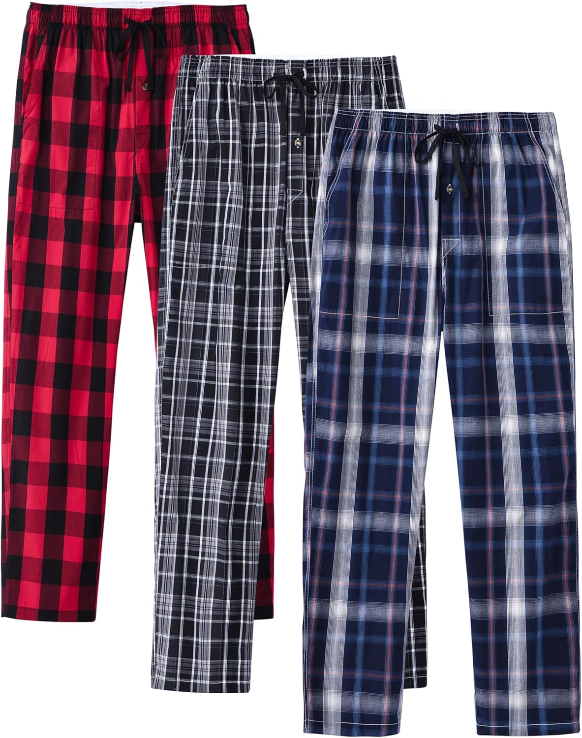 Detalle de MoFiz Men’s Ultra Lightweight Cotton Pajama Pants (Plaid) with Pocket, Drawstring, 3-Pack