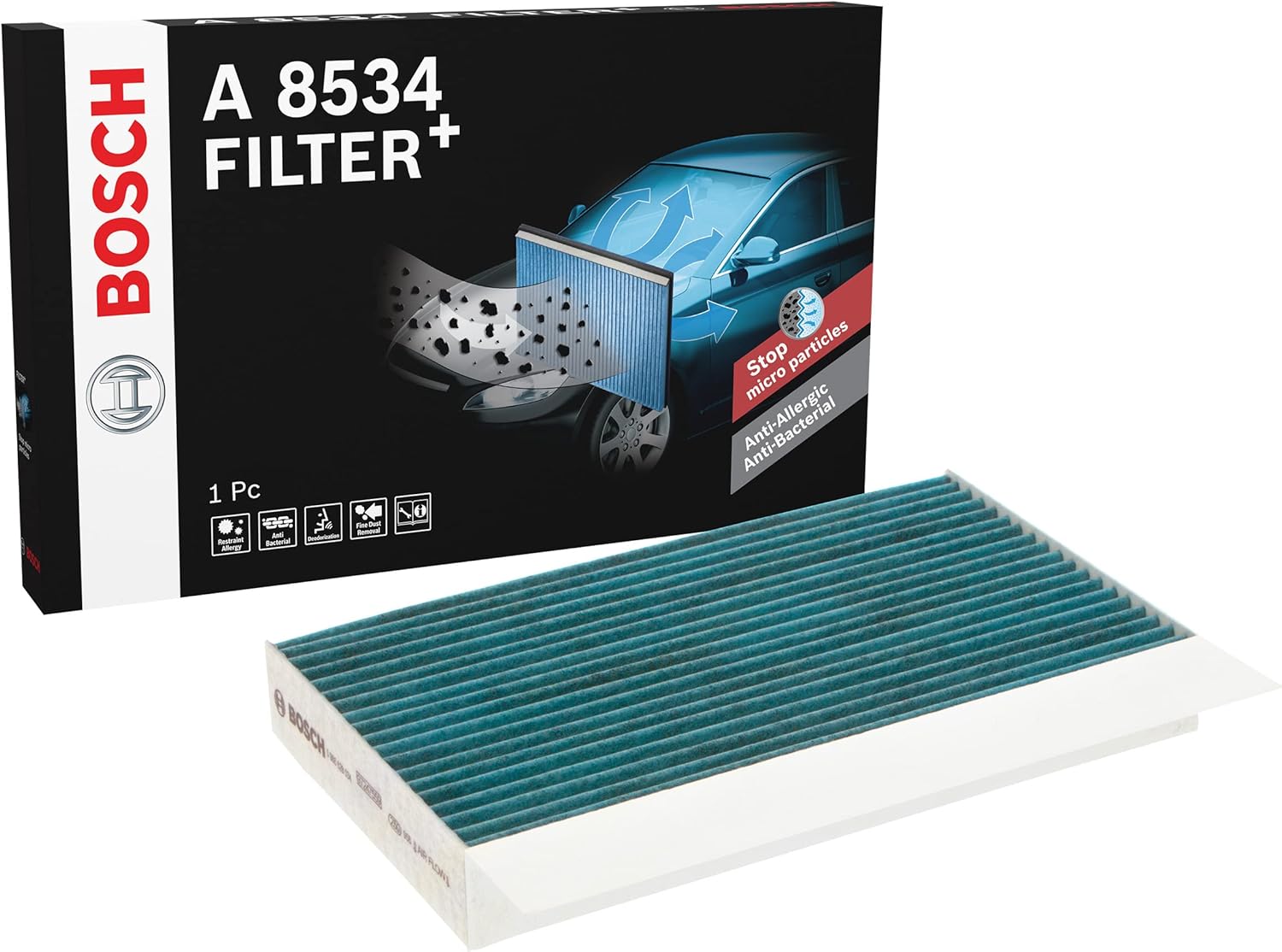 Detalle de Bosch A8534 Filtre d'habitacle Filter+ — filtre à charbon actif pour poussière et pollen