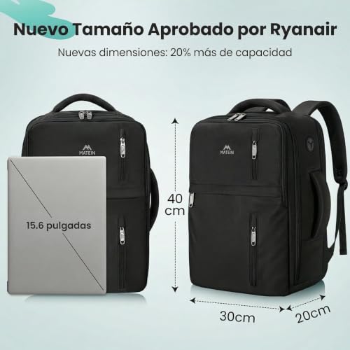 Detalle de MATEIN Mochila de cabina 40x30x20 cm para Ryanair, 24 L y bolsa impermeable