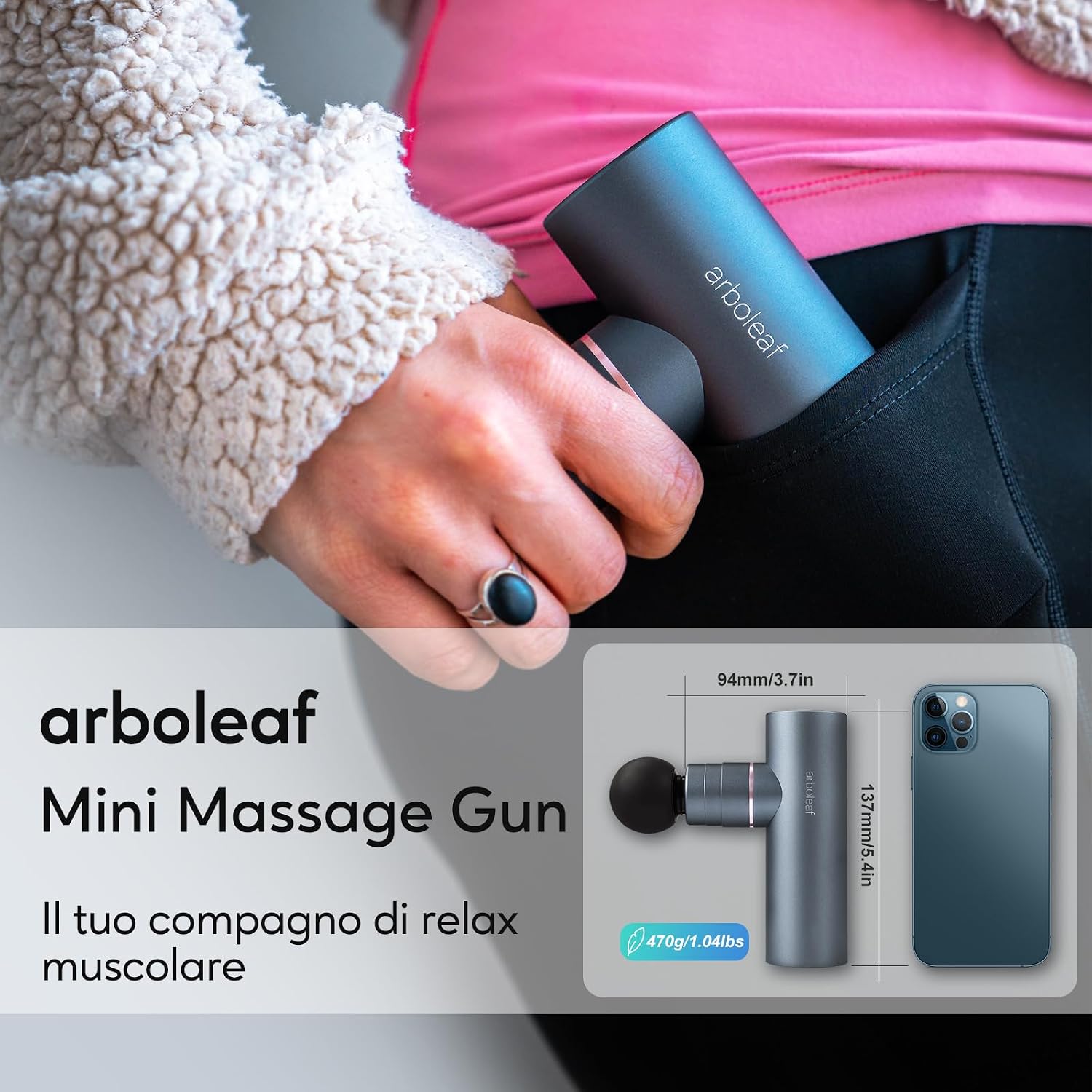 Detalle 2 de arboleaf Pistola massaggiante mini per muscoli, 3200RPM, 5 livelli con modalità AI, 4 testine in silicone, ricarica USB-C