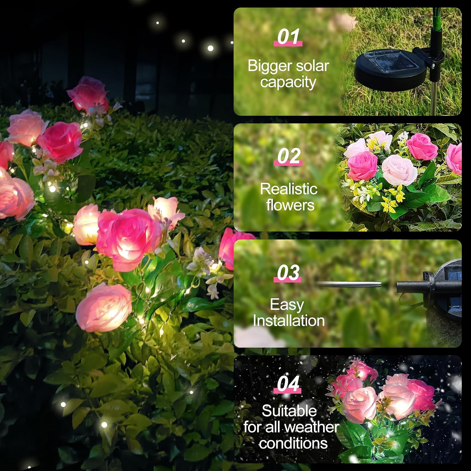 Thumbnail 2 de 2 Pack Rose Solar Flower Outdoor Lights – IP65 Waterproof Pink Rose Petals for Garden, Patio, and Pathways