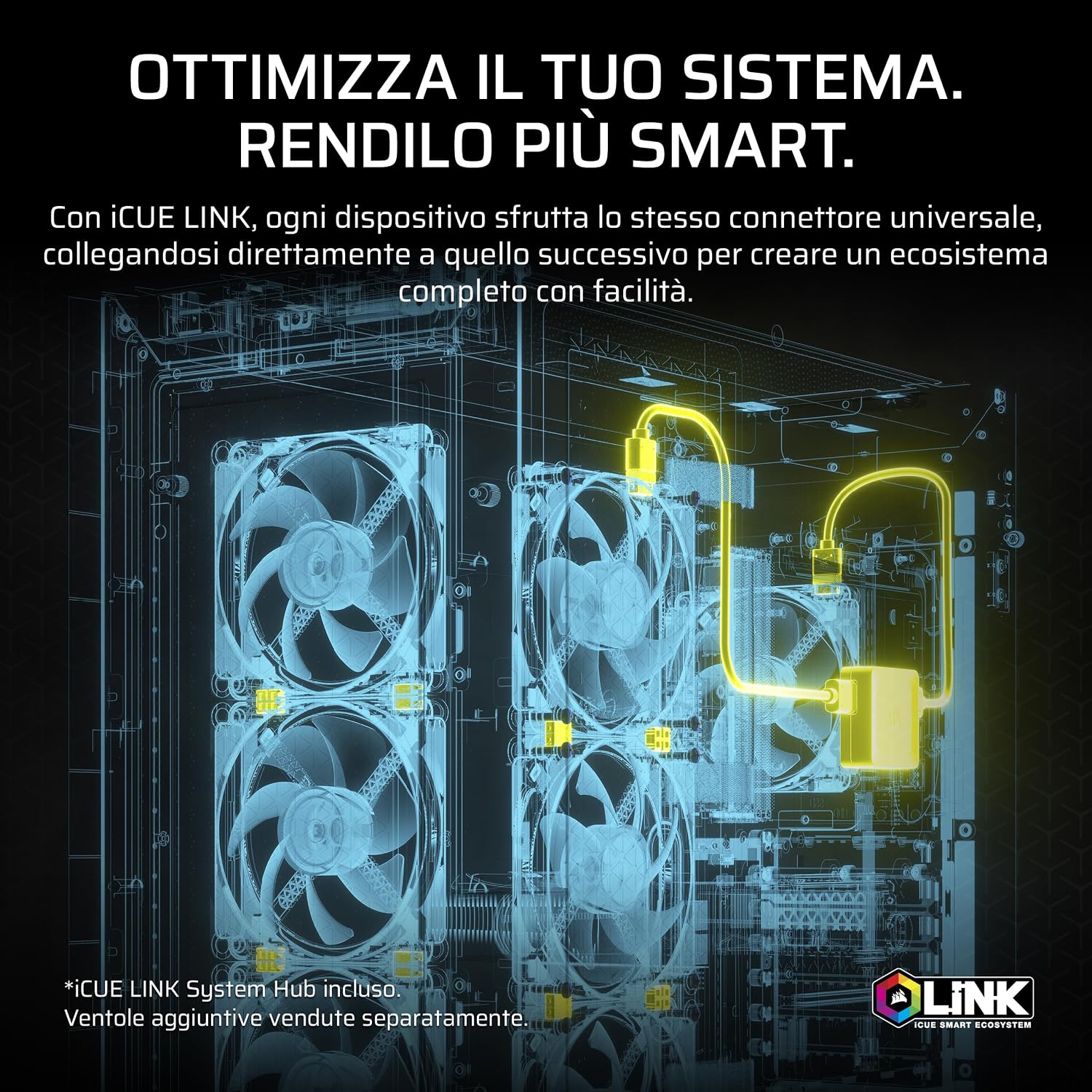 Detalle de CORSAIR iCUE LINK TITAN 280 RX RGB (280mm) con 2 ventole RX140 RGB e Hub iCUE LINK incluso