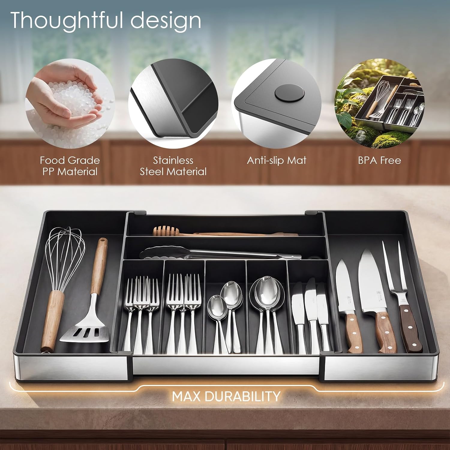 Thumbnail 1 de CCWOFF Expandable Silverware Organizer, 9 Compartments, Stainless Steel Frame, Black