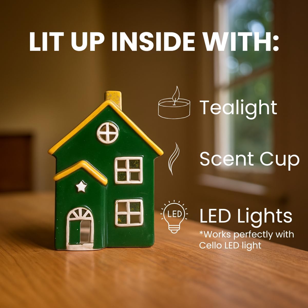 Thumbnail 3 de Cello Seaside Lodge Tealight ceramic house candle holder (green & yellow)