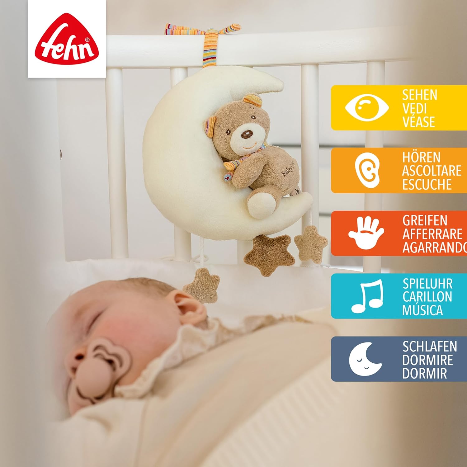 Detalle 2 de Fehn carillon orsacchiotto sulla luna – Peluche e aiuto per addormentarsi, melodia di Brahms, 20 cm