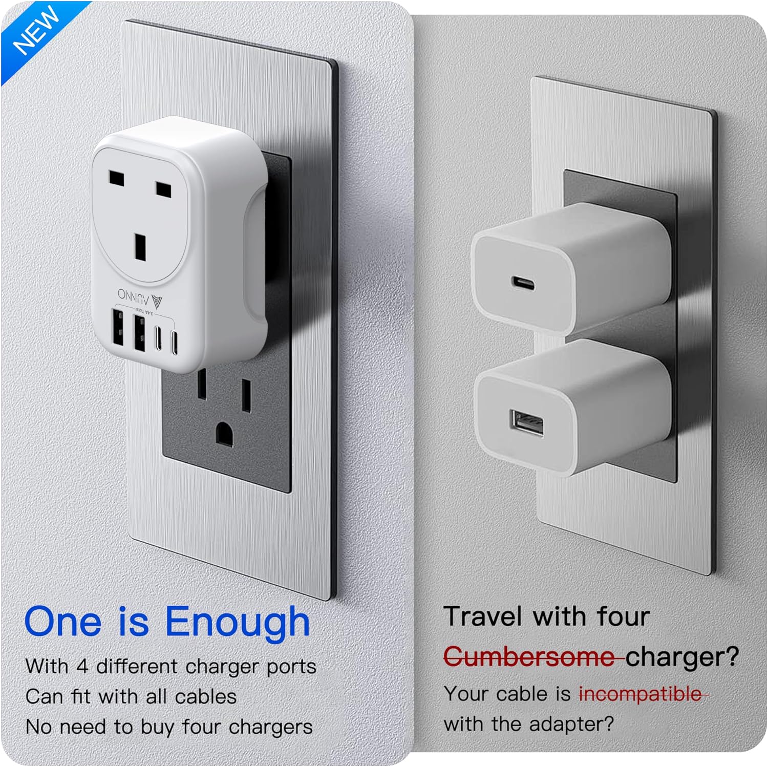 Thumbnail 3 de AUNNO UK to US Plug Adaptor (Type B) with 20W Charging and 4 USB Ports