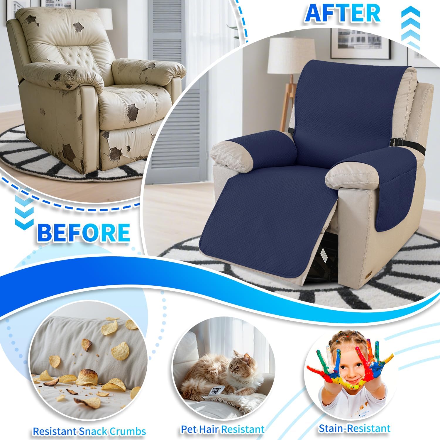 Thumbnail 6 de CYCMACO Copripoltrona Grande 1 Posto Relax Reclinabile Blu Scuro – Impermeabile con Tasche Laterali