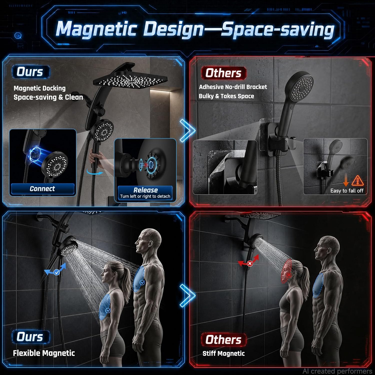 Detalle de Veken SHC3V402 12-Inch Rain Shower Head with Magnetic Handheld, Matte Black