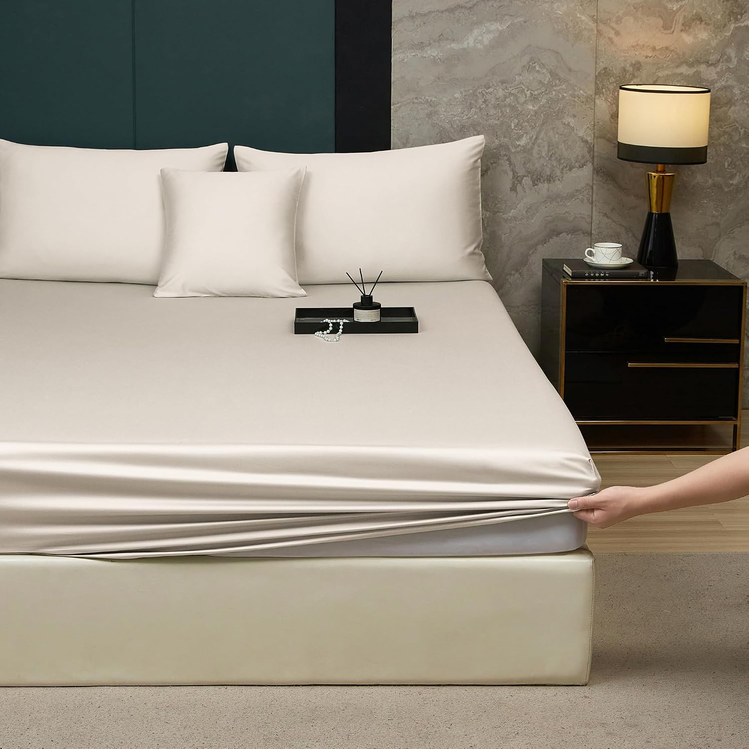 Detalle de Luofanfei Mako-Satin Spannbettlaken aus Baumwolle, 100 x 200 cm, für Matratzenhöhe bis 25–30 cm (Beige)