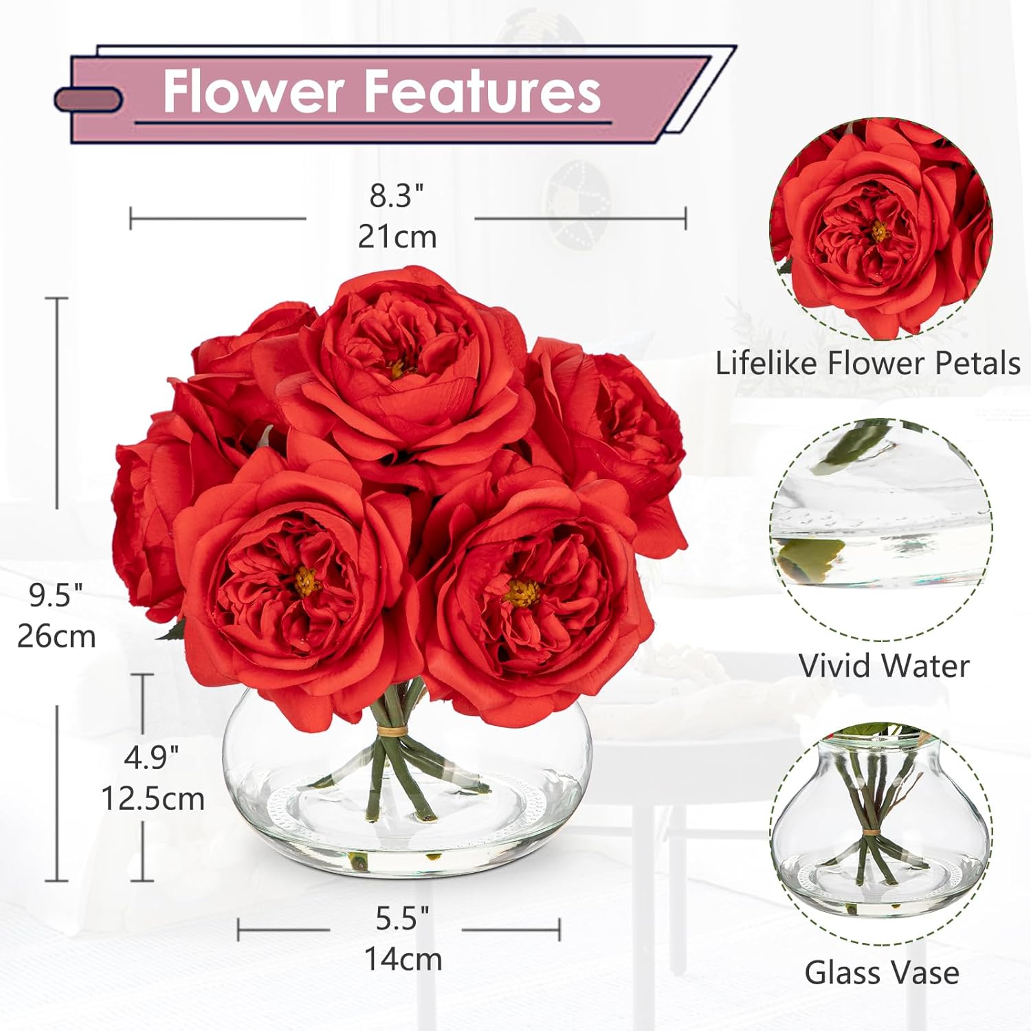Thumbnail 5 de Oairse Artificial Rose Flowers in Vase – Real Touch Roses in Glass Vase (26 cm) for Home, Office and Events