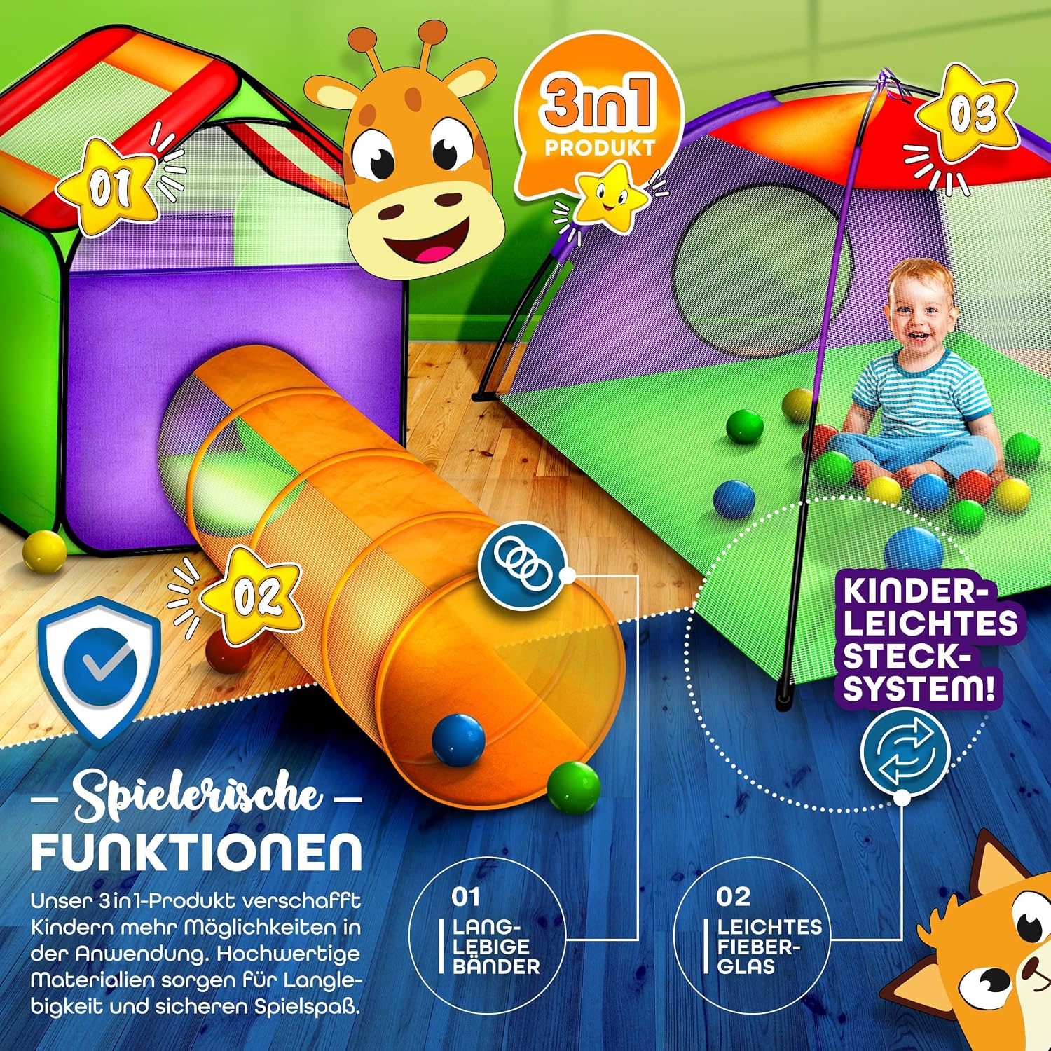 Thumbnail 2 de KIDUKU KZ-002 speeltent met kruiptunnel, ballen en opbergtas