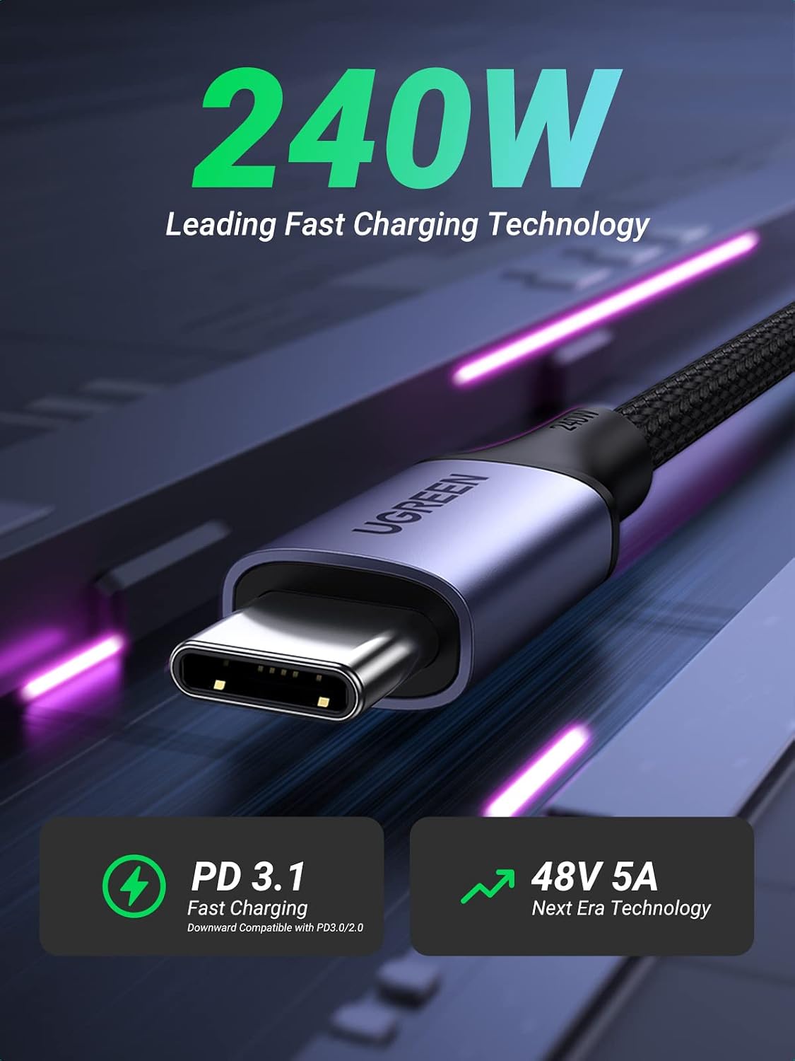 Detalle 2 de UGREEN 240W USB C Charger Cable PD 3.1 USB C to USB C Lead