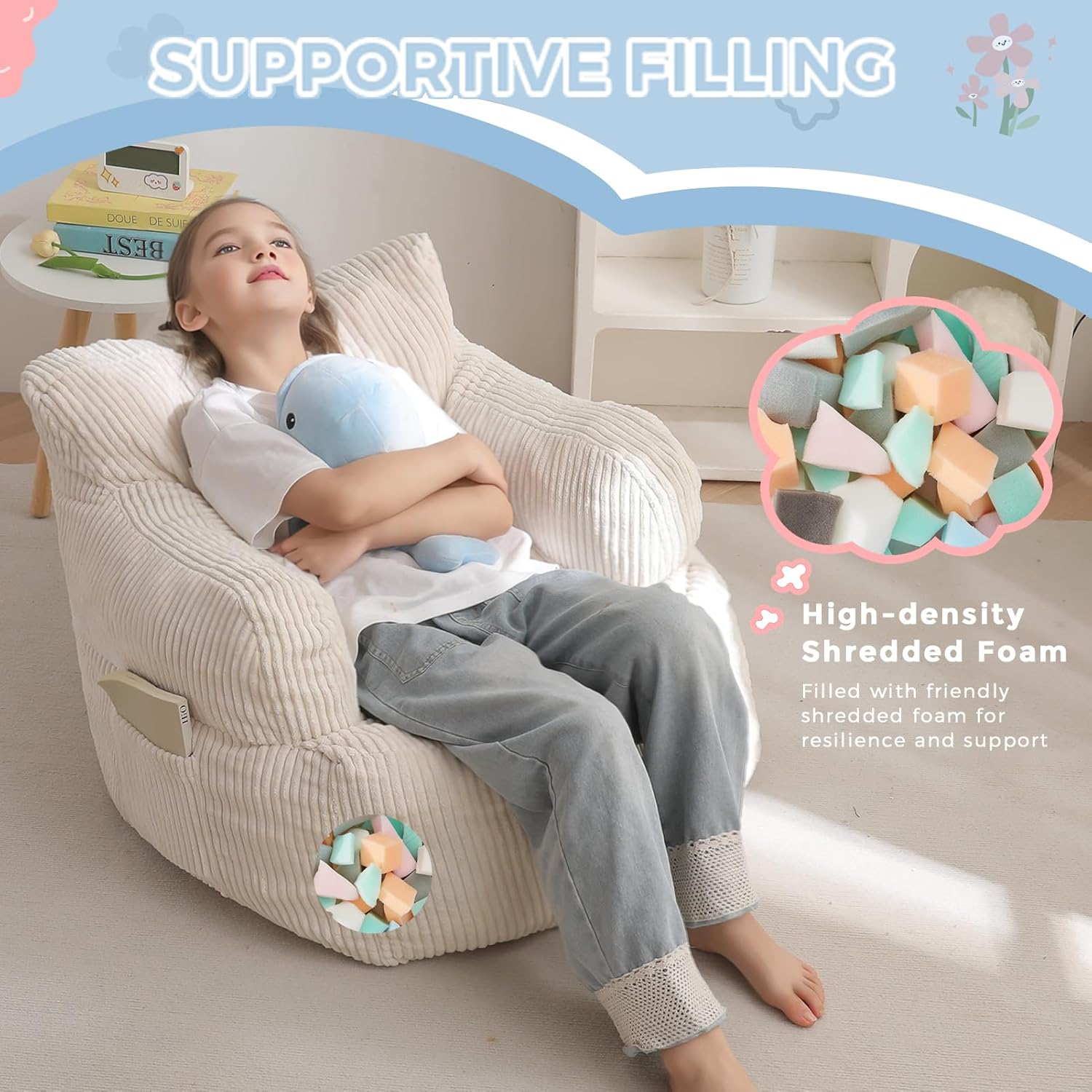 Thumbnail 2 de MAXYOYO Kids Bean Bag Chair with Pocket Floor Chair for Reading and Gaming (Beige)